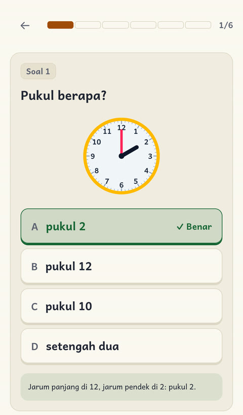 Soal membaca jam Kelas 1 dalam tampilan terang, jawaban pukul 2 ditandai benar.